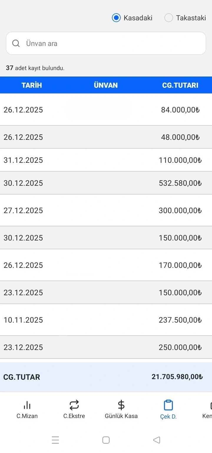 Saya İşletme mobil uygulamasında kasadaki çeklerin listesi